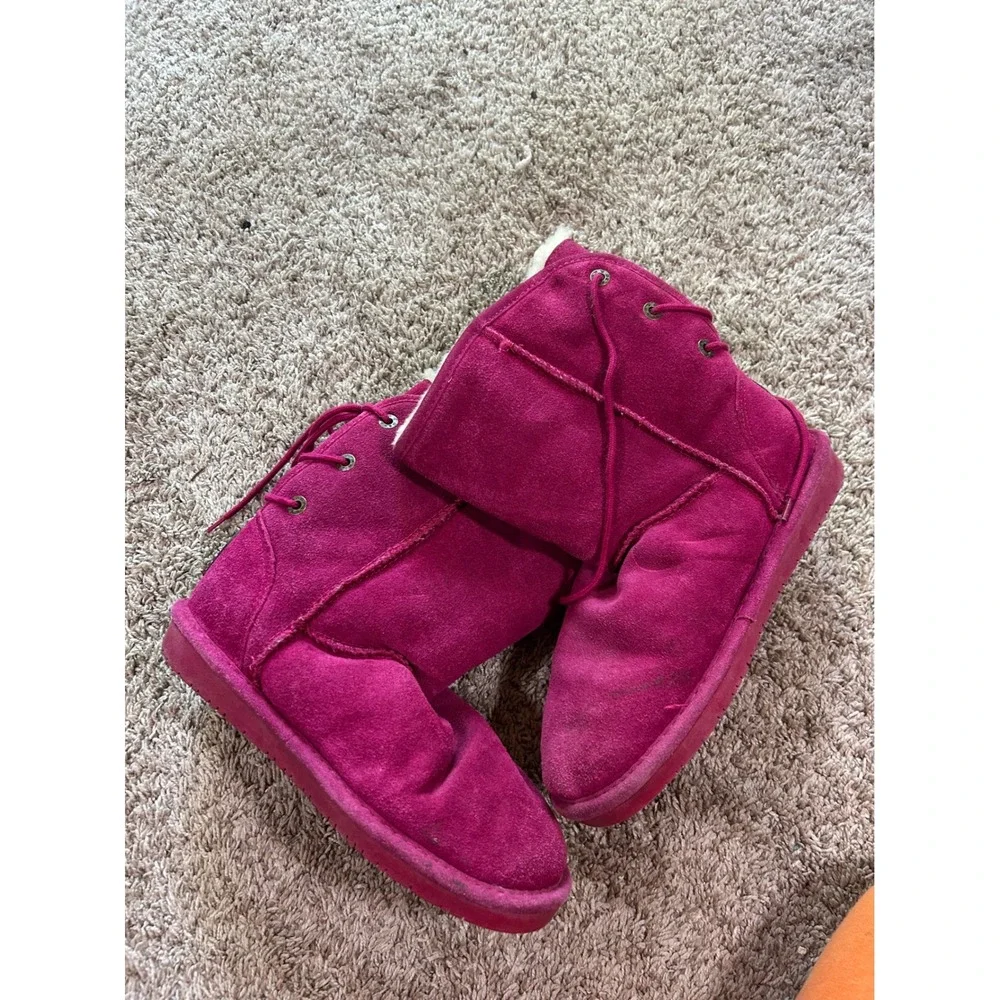Bearpaw Pink Magenta Suede Sheepskin Wool Blend Boots Womens 7 Lace Up Boho